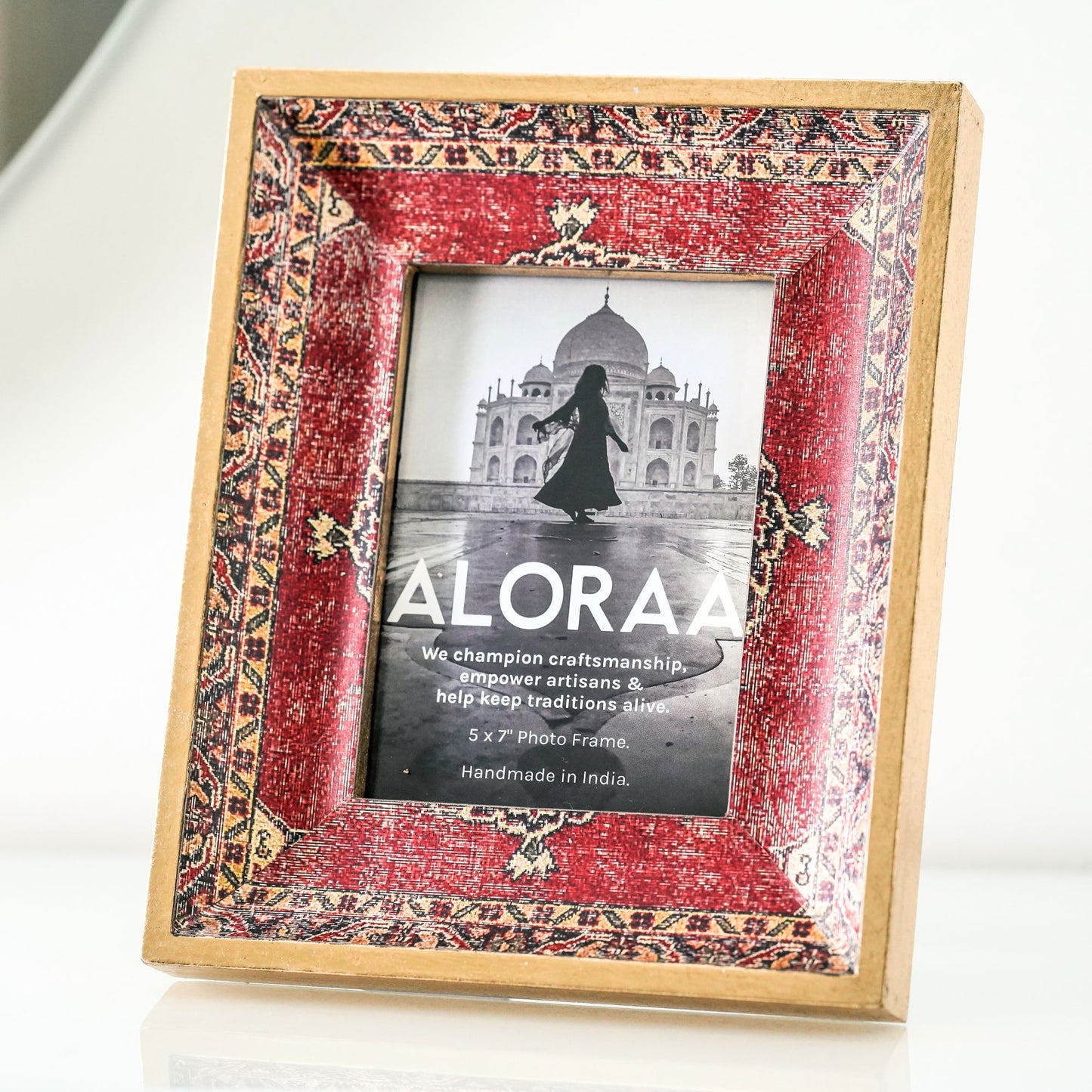 Red Handcrafted Persian-inspired Photo Frame with Rustic Gold Finish