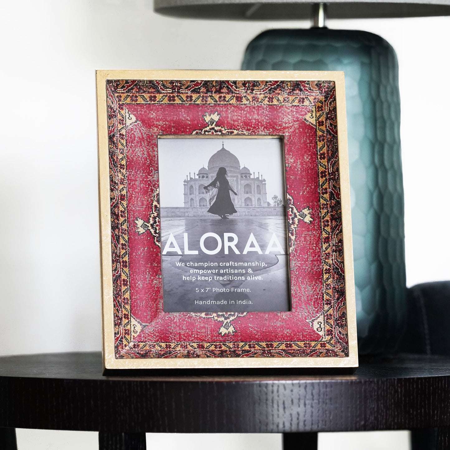 Red Handcrafted Persian-inspired Photo Frame with Rustic Gold Finish